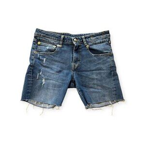R13 Denim Boy Straight Short Med Wash Cutoff Denim Shorts Women Size27 MSRP $345